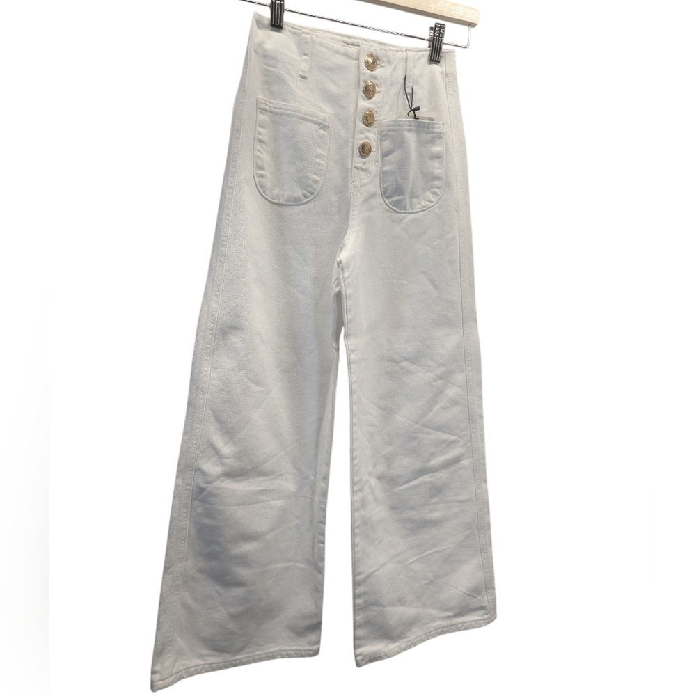 NWT!! Zara White 4 Button High-Rise Wide Leg Cropped Rigid 100% Cotton Size 0